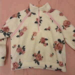 Cozy Floral Sherpa Pullover - Cream with Pink Roses